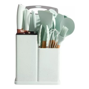 Set Kit 19 Utensilios Cocina Silicona Madera+cuchillos+tabla