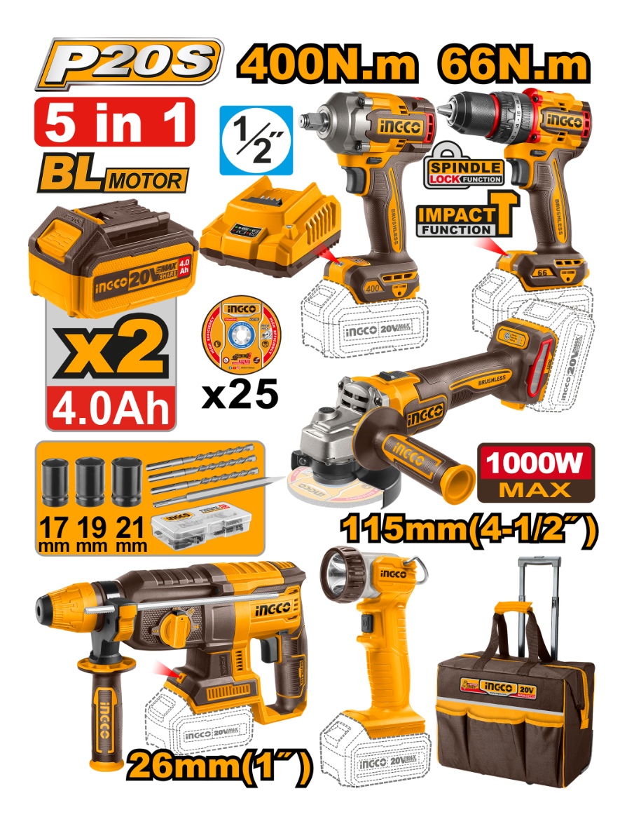 Kit Brushless Motor C/bate/carg Bolso Y Acc Ingco Ckli2059 - Imagen 3