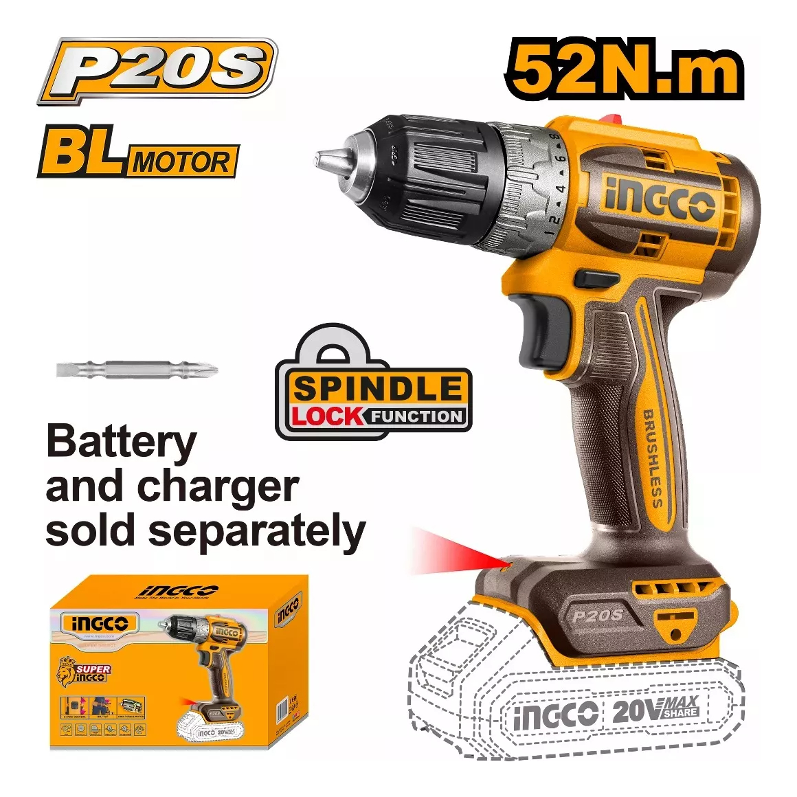 Atornillador Brushless 20v Sin Bateria Ingco Cdli204531 - Imagen 2