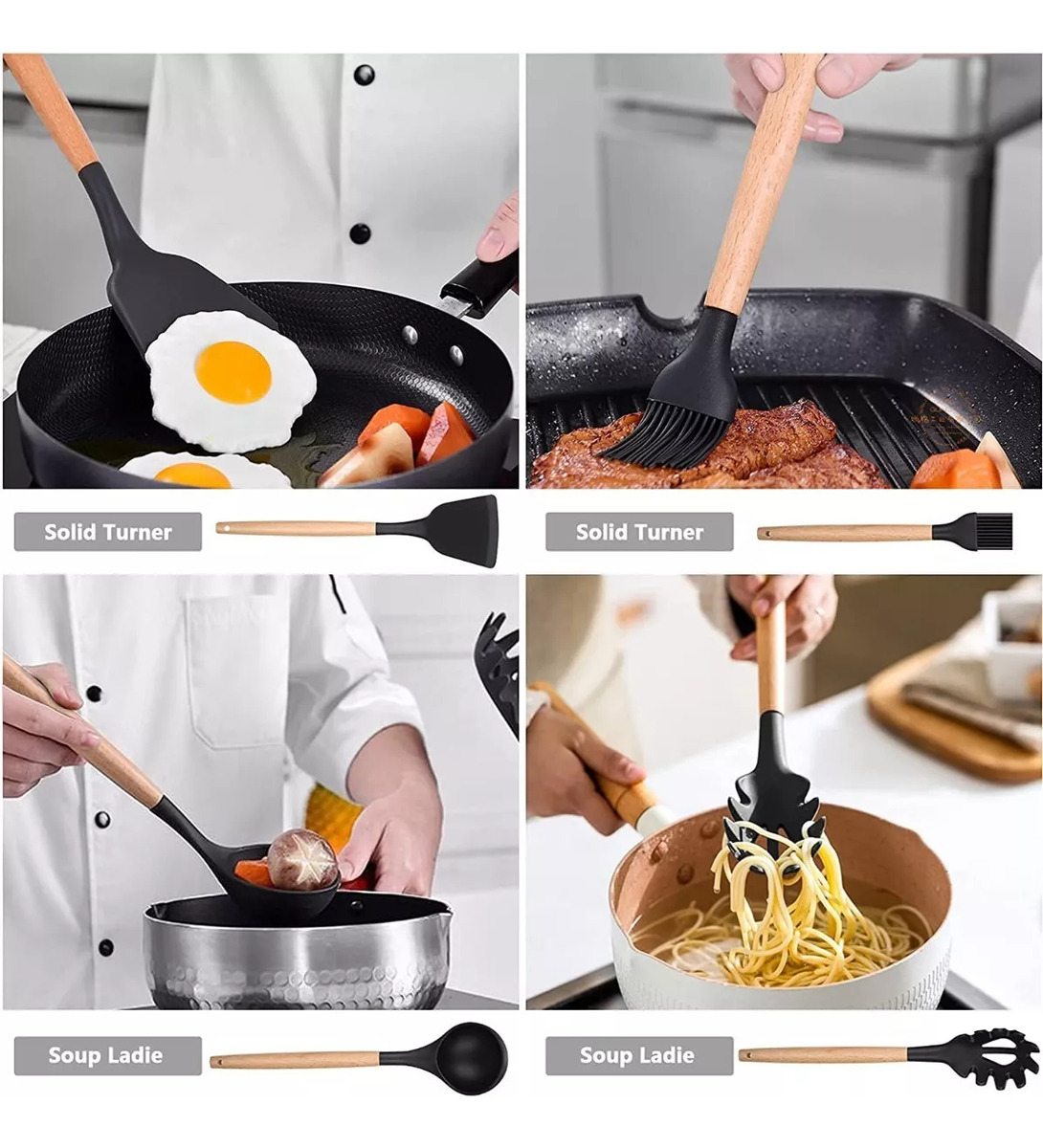 Kit Set X12 Utensilios Cocina Madera Y Silicona Excelente - Imagen 9