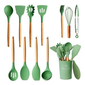 Juego Set Utensillos Menage Cocina Silicona Madera 11 Pzas