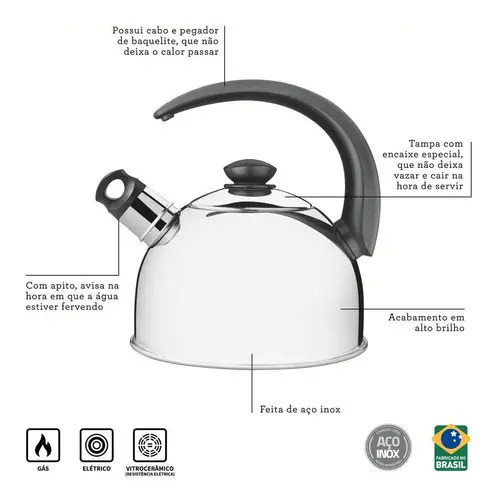 Caldera Con Silbato Tramontina Inox Apito De 3 Litros - Imagen 2