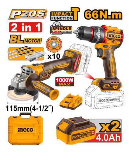 Combo Atornillador C Percutor (cidli20602) Mas Amoladora (cagli21154) 2 Bat Carg Mas Valija Ingco Ckli20273 Naranja Claro 50hz/60hz - Imagen 6