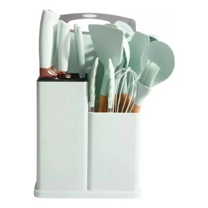 Set Kit 19 Utensilios Cocina Silicona Madera+cuchillos+tabla