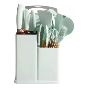 Set Kit 19 Utensilios Cocina Silicona Madera+cuchillos+tabla