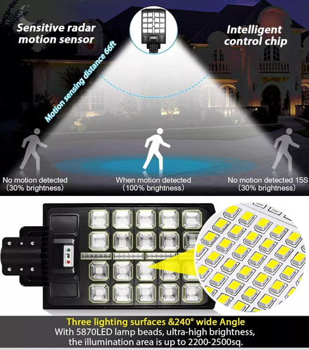 Foco Solar 400 W Exterior Jardín Luz Cálida Led - Imagen 6